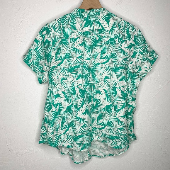 eShakti large Linen Blend Tropical Palm Button Down Shirt Aqua Mint Green - Picture 3 of 8